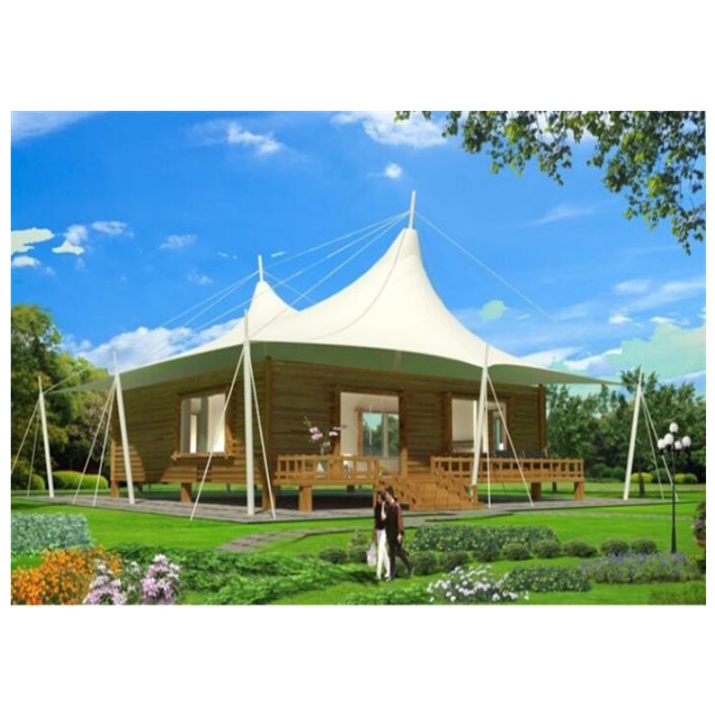 Kuumat myynnissä olevat eturakennukset PVDF \/ PTFE-kangasmateriaalit Camp Teltat Lasiseinähotelli Jungle Resort -lamppujen telttat